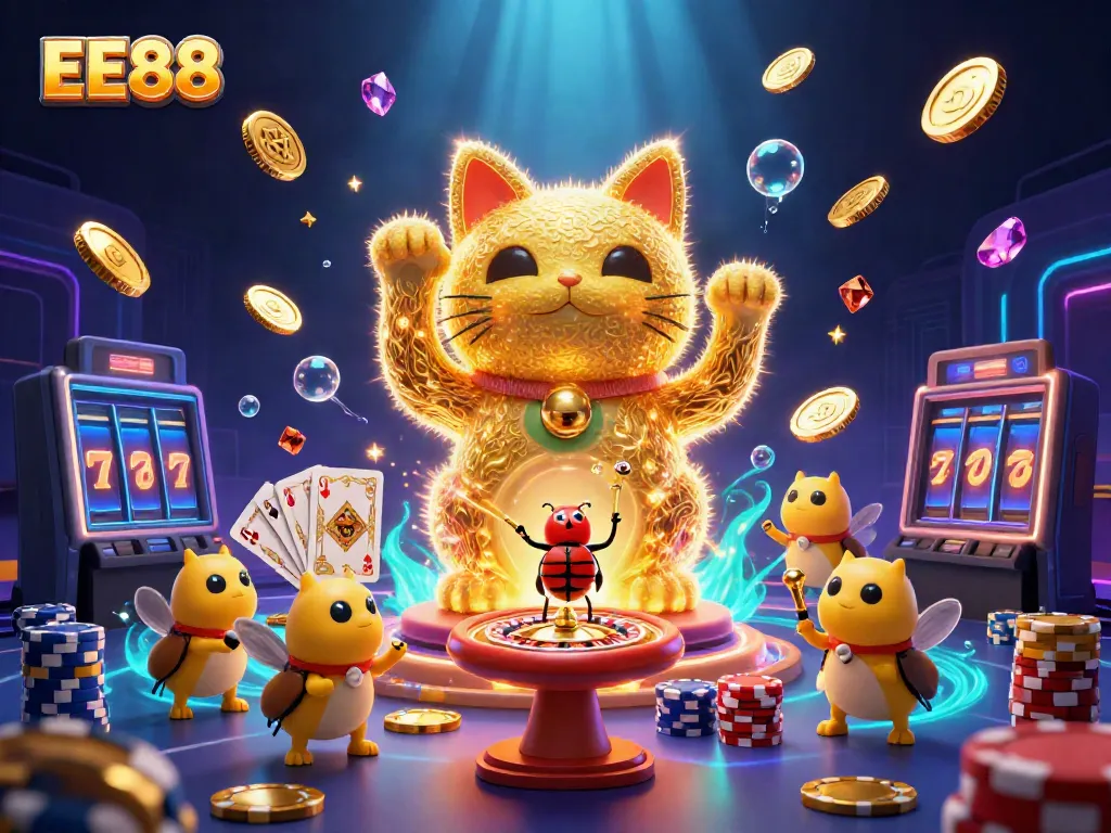 Experience the excitement of EE88 with a golden lucky cat and vibrant casino symbols.