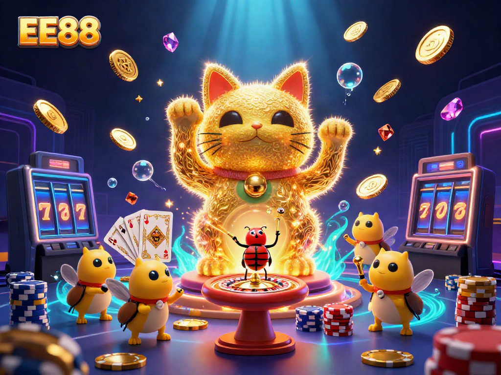 Experience the excitement of EE88 with a golden lucky cat and vibrant casino symbols.