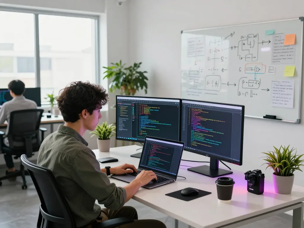 A developer working on hbet software at a modern workspace filled with code and tech gadgets.