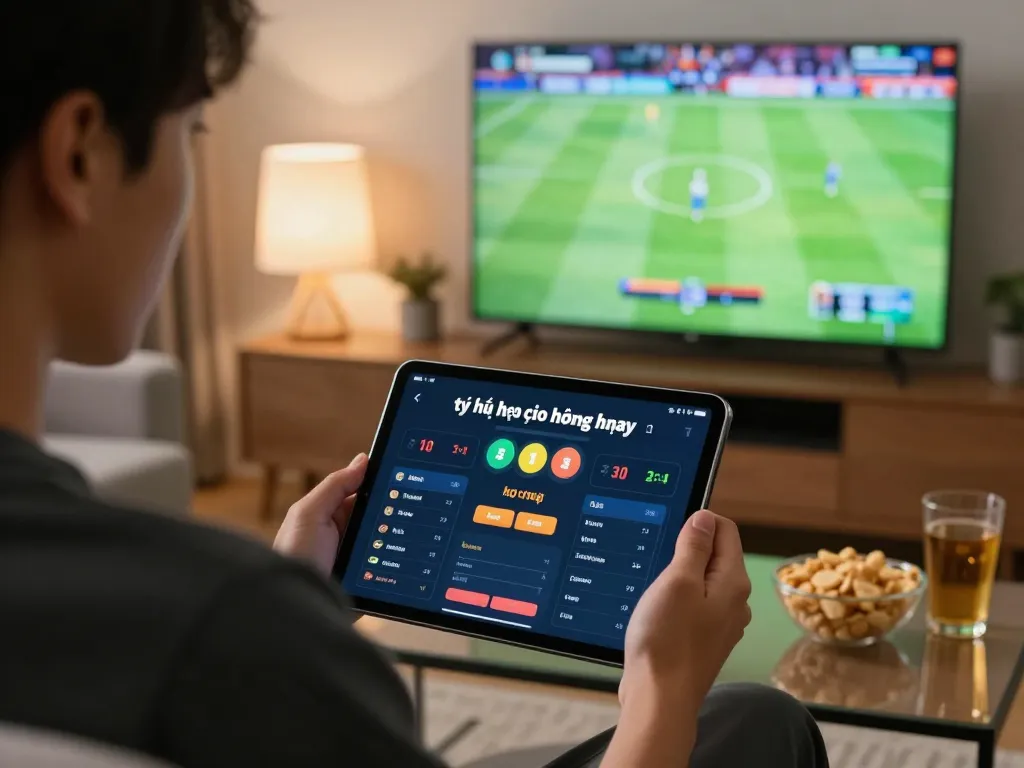 Engaged viewer analyzing tỷ lệ kèo nhà cái hôm nay on tablet during sports betting