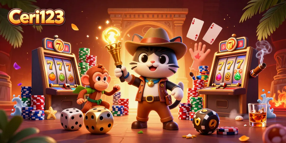 Ceri123 showcases an adventurous cat and monkey exploring a vibrant casino scene with slot elements.