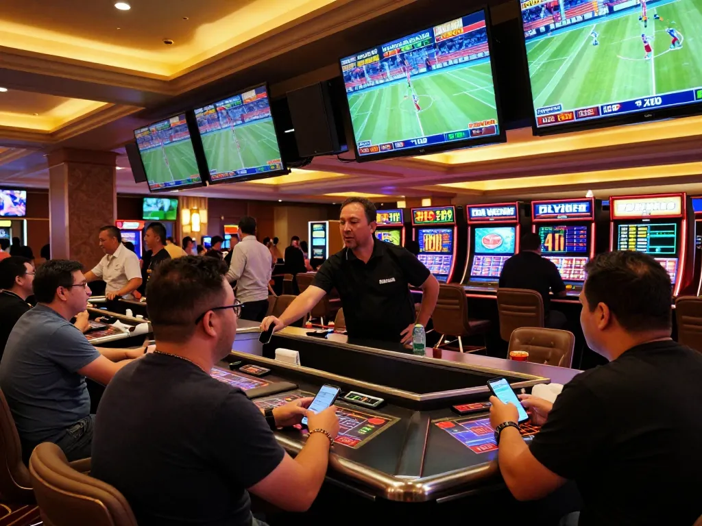 Cwin engrossed bettors placing bets in a lively sportsbook at a modern casino, depicting the thrill of sports wagering.