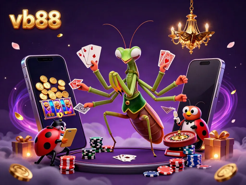 vb88 showcases a vibrant casino scene with a colorful smartphone slot game, featuring animated characters and casino elements.