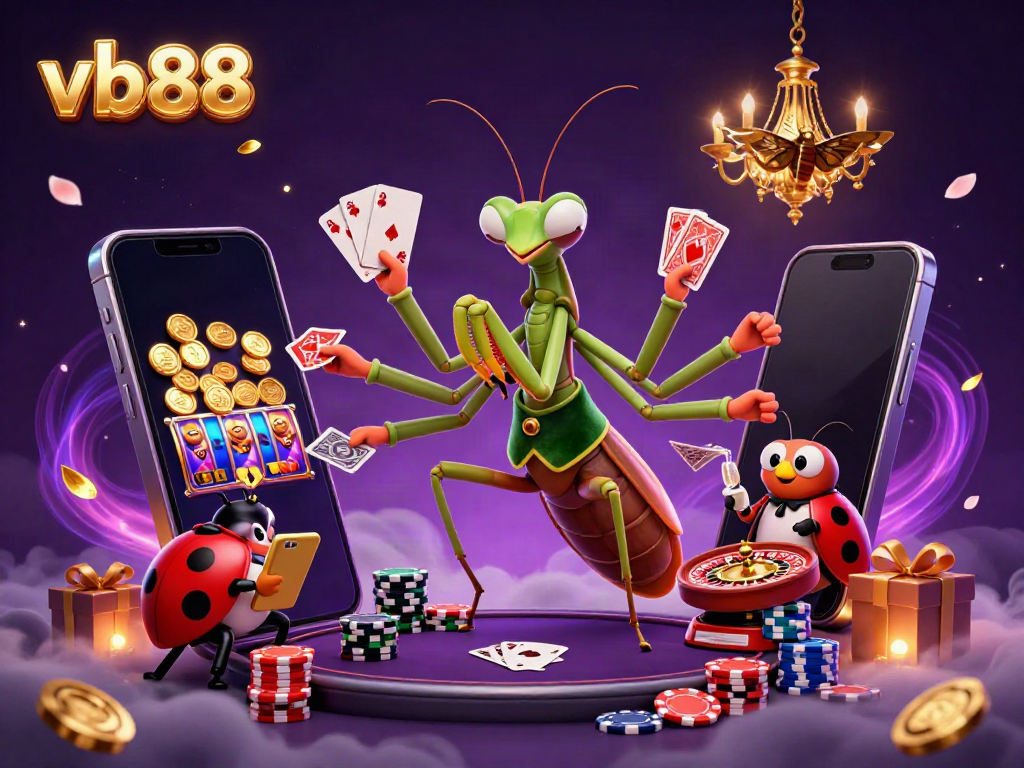 vb88 showcases a vibrant casino scene with a colorful smartphone slot game, featuring animated characters and casino elements.