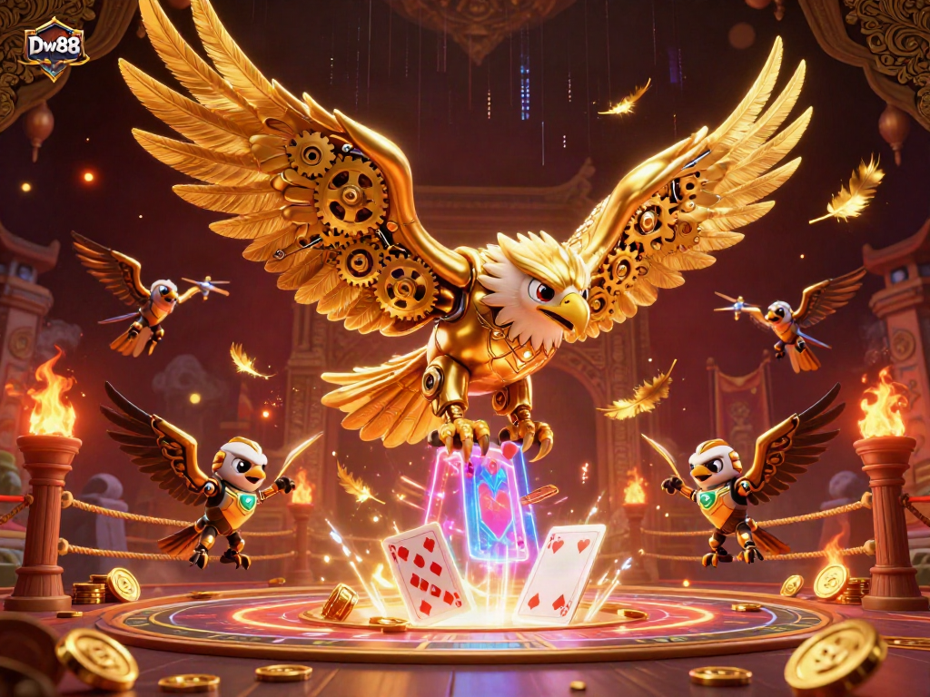 Dive into the action at Dw88 with a spectacular illustration featuring a cybernetic golden eagle amidst thrilling casino elements.