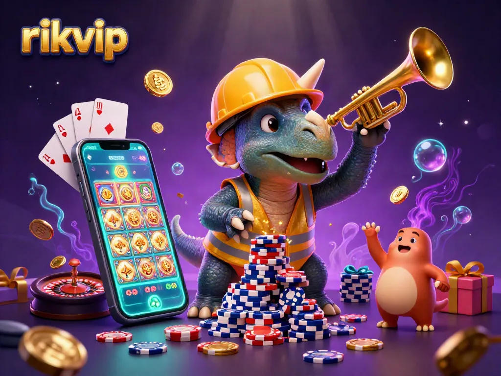 Engage dynamically with rikvip's exciting casino games in a vibrant 3D scene featuring animated characters and gambling elements.