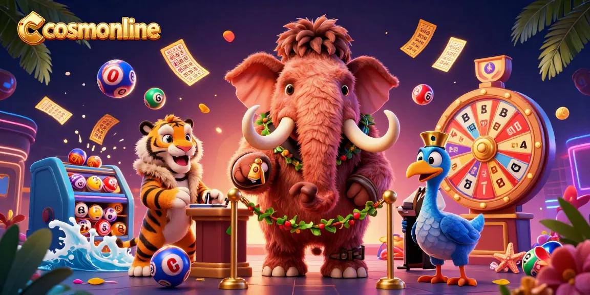 Cosmonline showcases a vibrant casino scene featuring colorful lottery balls and engaging characters.
