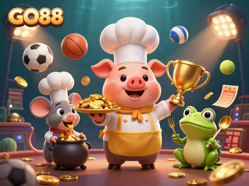 Experience GO88 casino excitement as chefs serve gold coins in a thrilling 3D illustration.