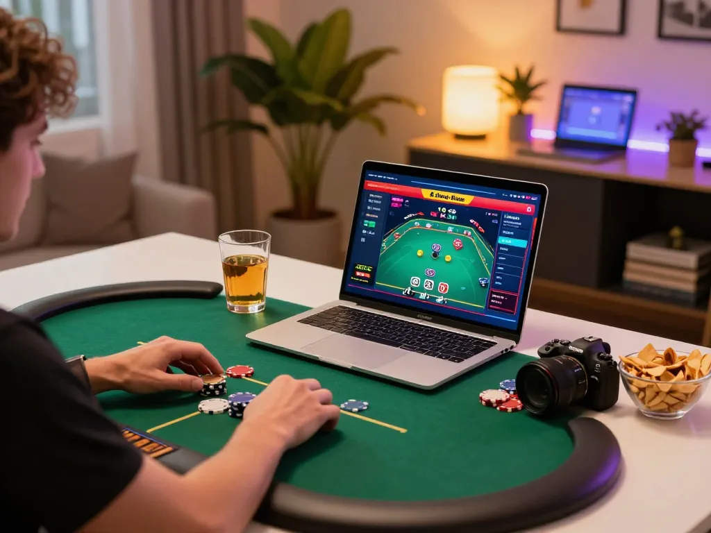 Intensely focused player enjoying poker on a laptop while engaging with the 8live online casino.