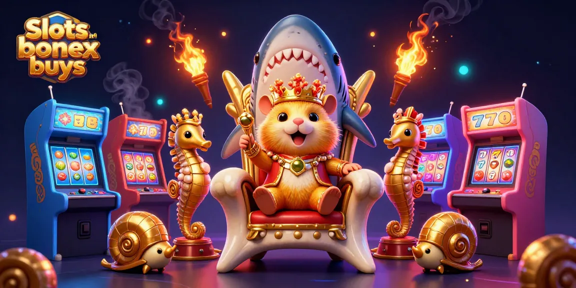 Experience exciting slots with bonus buys featuring a golden hamster king on a megalodon throne surrounded by vivid casino elements.