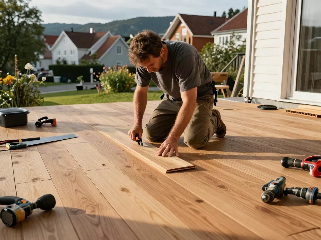 Bygg Bergen expert carpenter laying hardwood flooring in a sunny home renovation project.