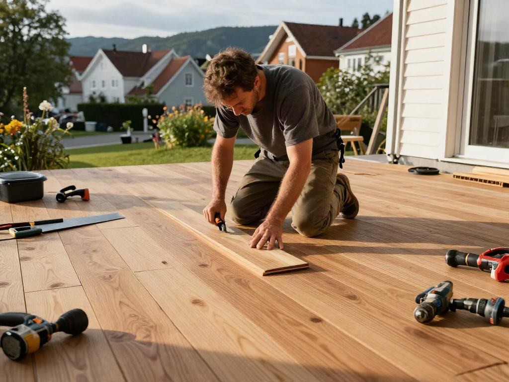 Bygg Bergen expert carpenter laying hardwood flooring in a sunny home renovation project.