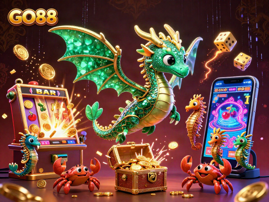 Experience the excitement of GO88 with a sea dragon and treasure in a vibrant casino scene.