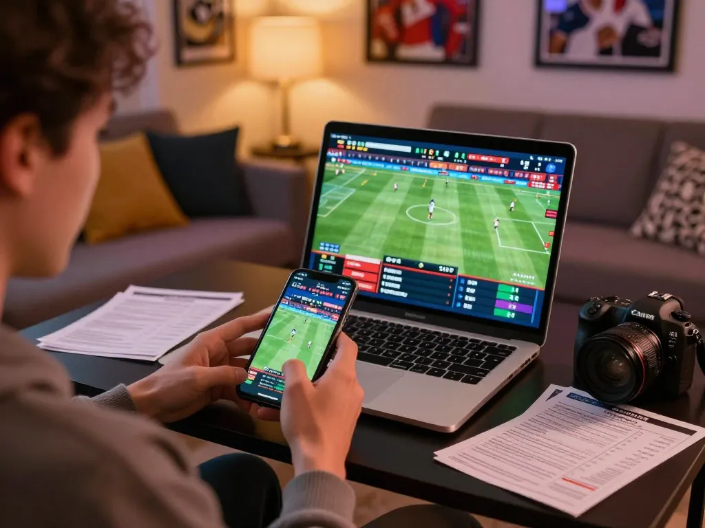 Engaging in sports betting with link max88 on a smartphone in a cozy home setting.