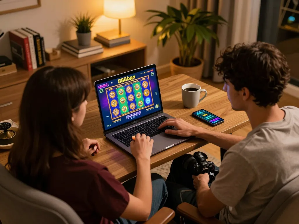 Engaging online gaming session on 888bgo with cozy home atmosphere and vibrant slot visuals