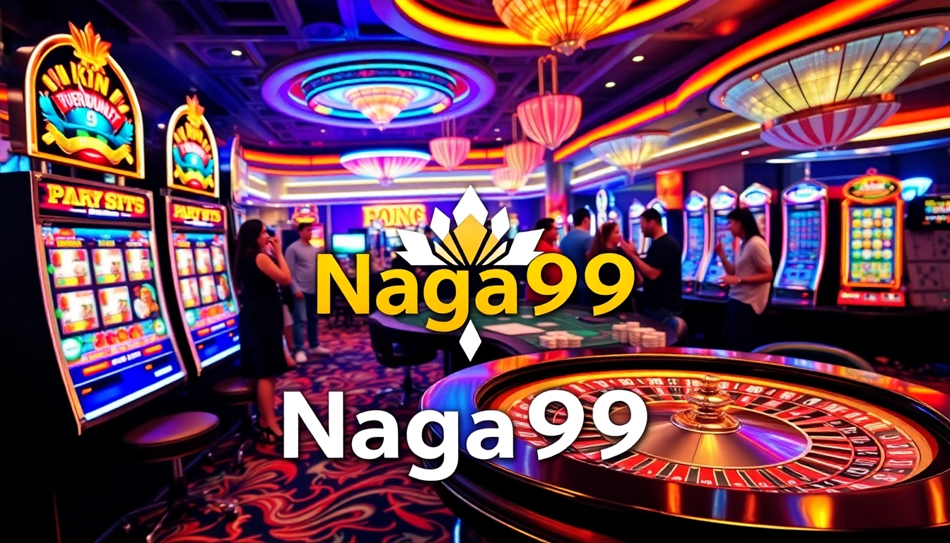 Naga99 players celebrating big wins at vibrant slot machines in an upscale casino setting.