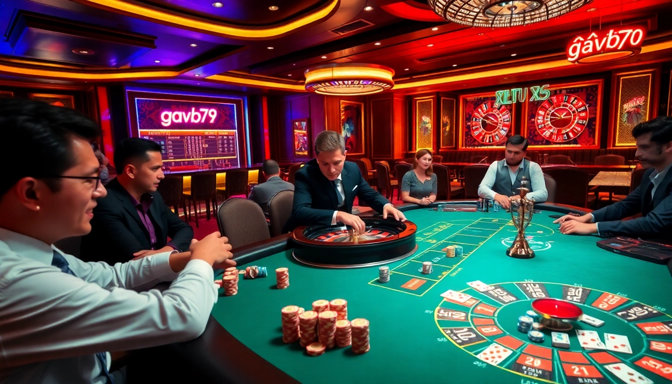 Gavb79 xà xía showcasing strategic gambling at an upscale casino poker table.