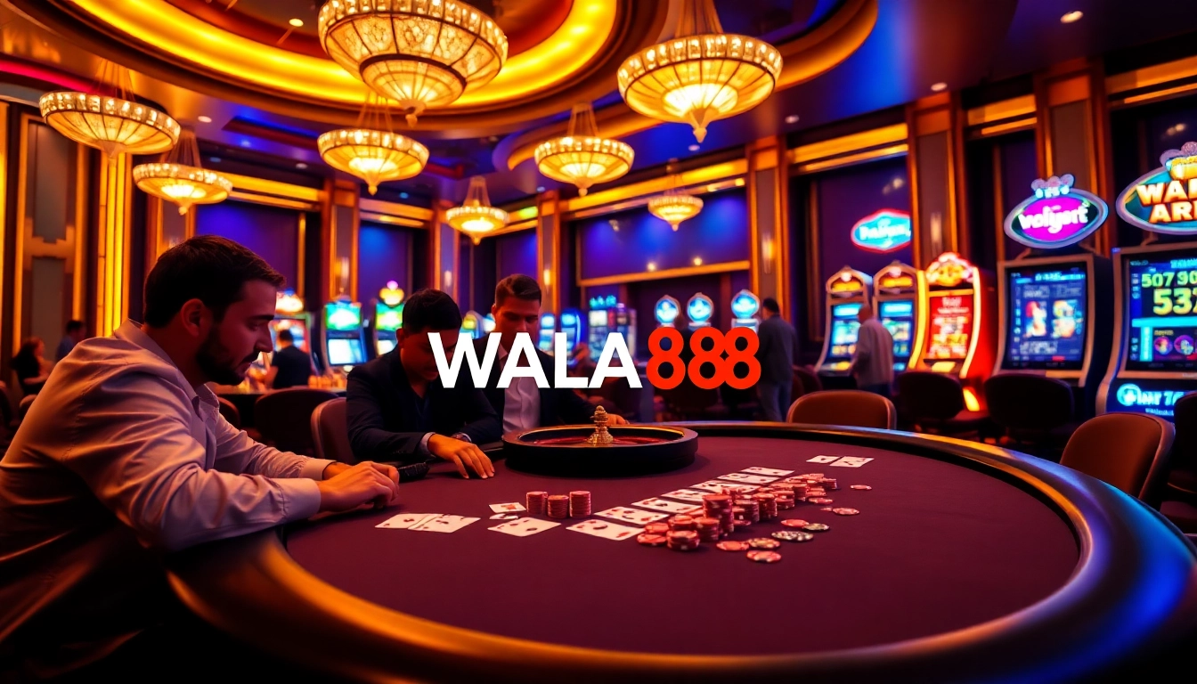 WALA88 poker table with vibrant chips and cards, capturing an exciting gambling atmosphere.