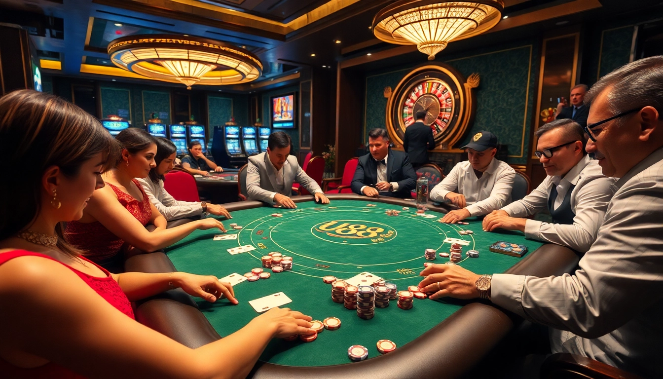Experience the excitement of U88 at a lavish casino table with players engaged in thrilling games.