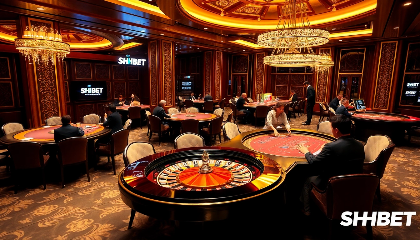Experience the thrill of SHBET as players engage in high-stakes poker amidst a luxurious casino backdrop.