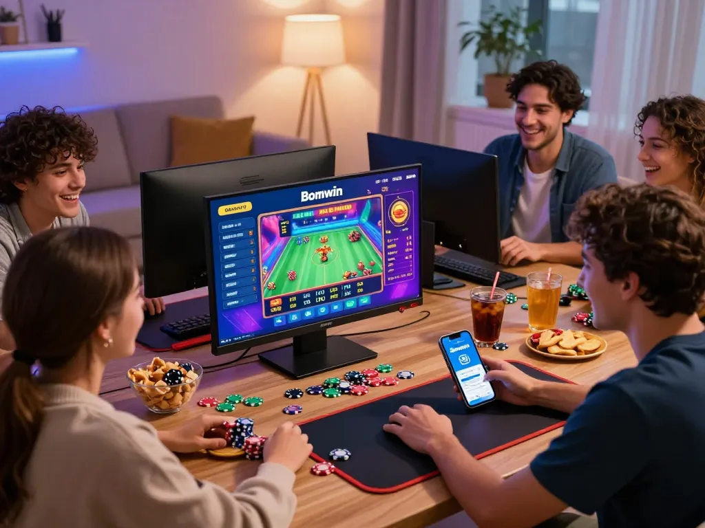 Friends enjoying Bomwin gaming platform in a lively home setting with snacks and computers.