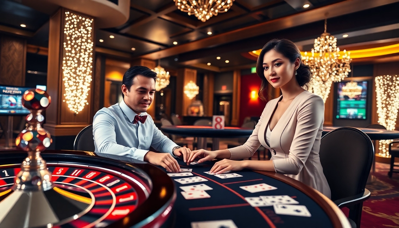 Experience the excitement of Nhà Cái GA88 through a luxurious casino scene featuring poker, roulette, and game action.