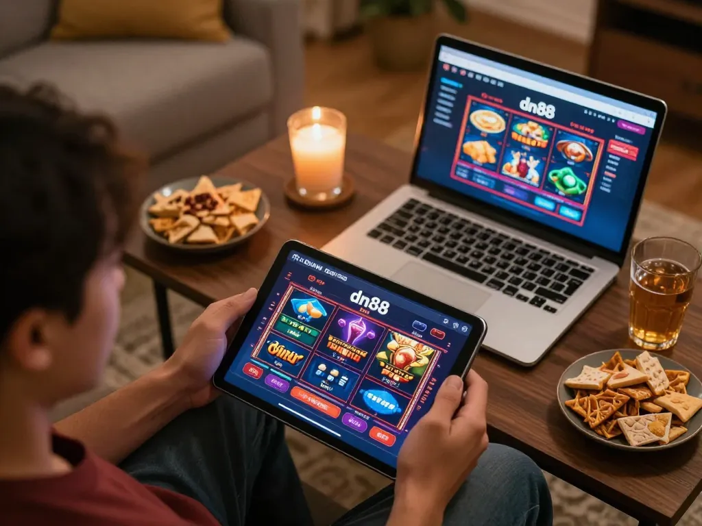 Person engaging with the trang chủ dn88 online gambling platform, enjoying a cozy home gaming experience.