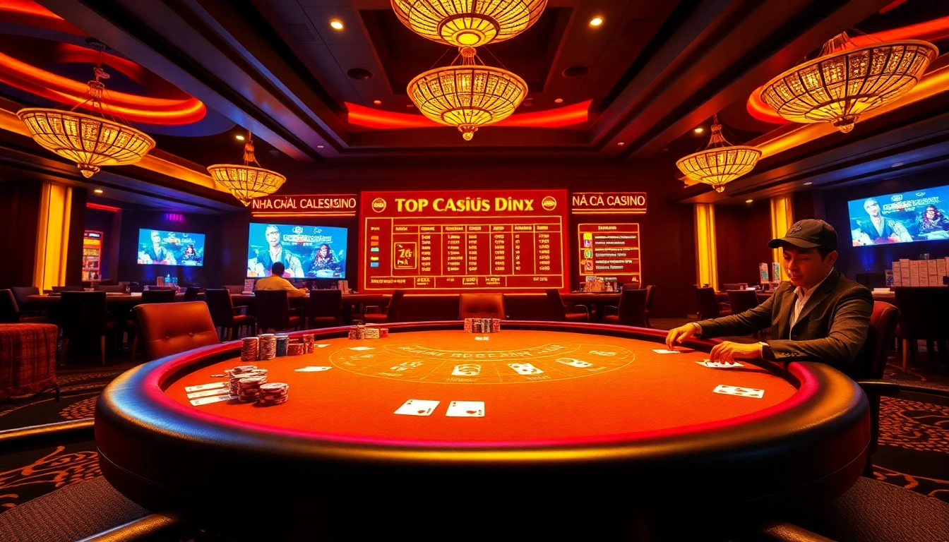 Engaging action at a Nhà cái uy tín poker game, showcasing vibrant casino atmosphere and professional players.