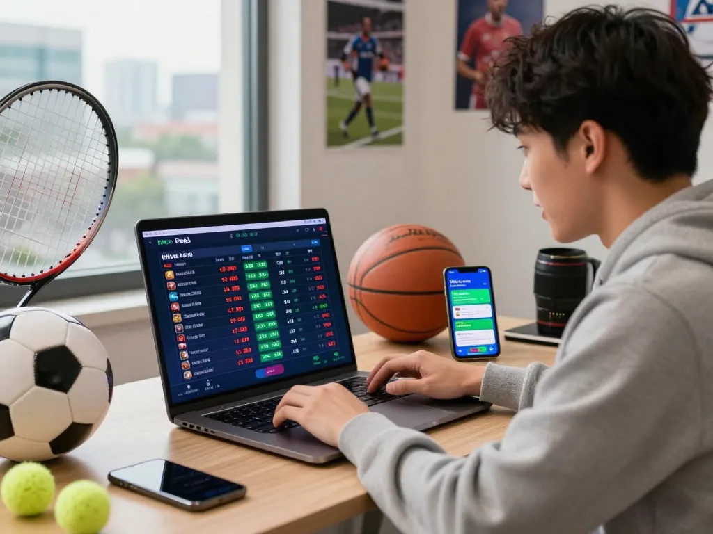 Enthusiastic bettor engaging with kèo nhà cái on laptop amidst sports paraphernalia in a dynamic environment.