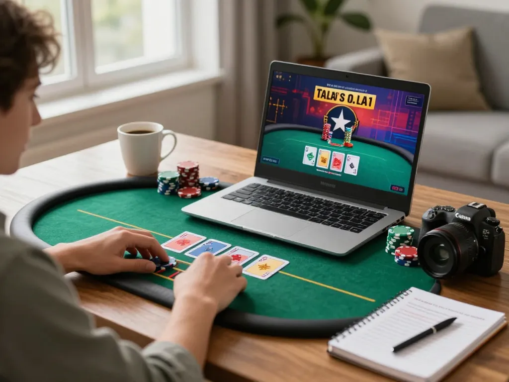 Engaging poker gameplay on a laptop showcasing hytw3339 strategies in a cozy home setting.