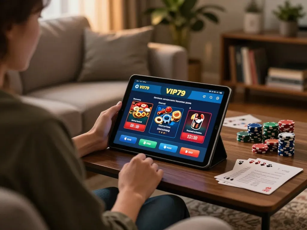 Player engaging with vip79 on a tablet, showcasing a relaxed home gaming atmosphere.