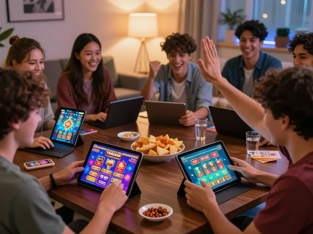Exciting scene of friends enjoying 789club games with devices in a cozy setting
