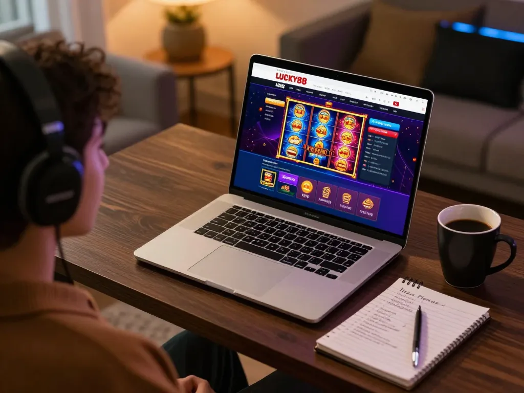 Engaged player exploring LUCKY88 online casino on laptop with vibrant gaming interface and strategic notes.