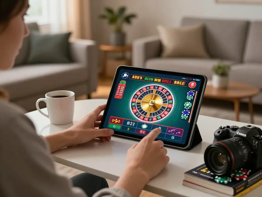 Engage in online gambling with sin88 as a player explores roulette strategies on a tablet in a cozy environment.