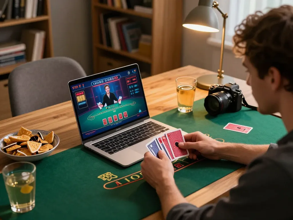 Engaging scene of Trang hitclub with a player strategizing during live dealer blackjack at home, creating a responsible gameplay atmosphere.