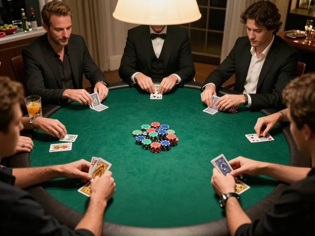 rokok88 players engaged in a high-stakes poker game during a home game night with snacks and camaraderie
