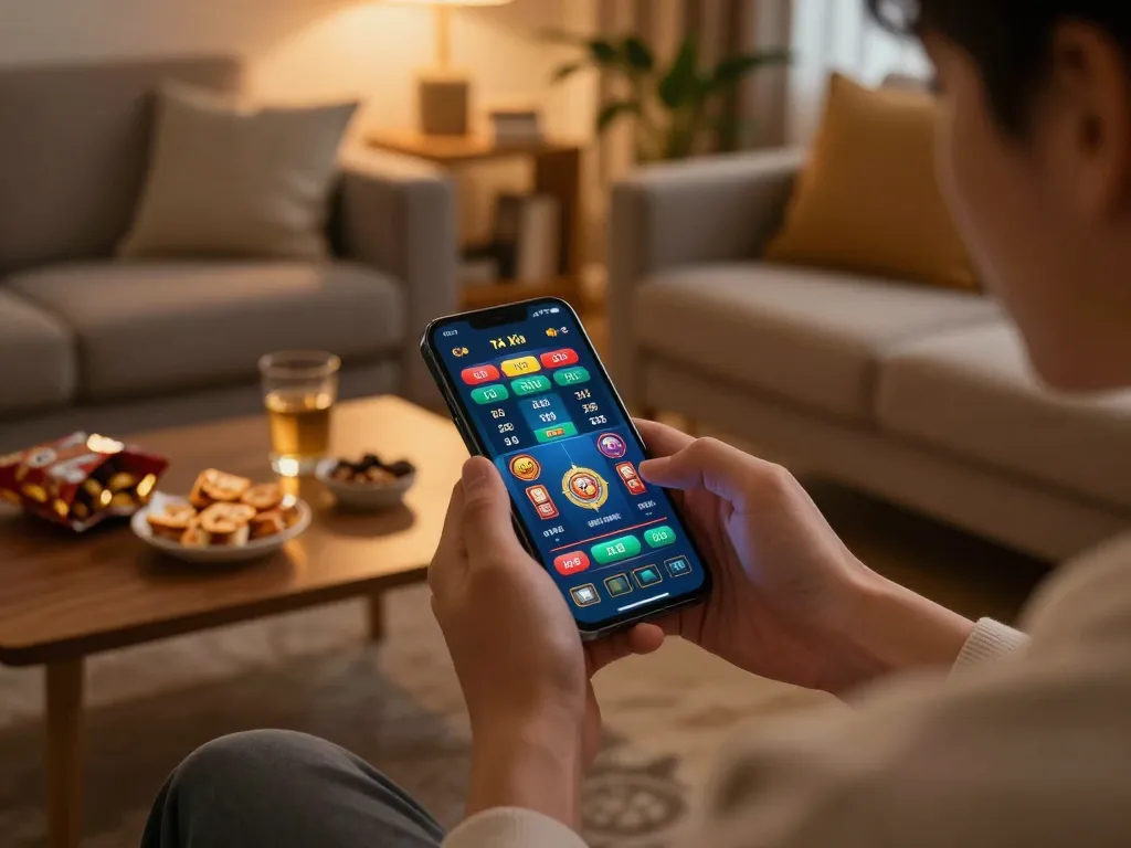 Engaging Tài Xỉu online gameplay on smartphone while relaxing at home with taixiuonlinego.