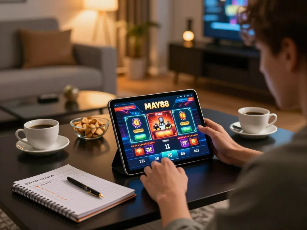 MAY88 player engaging with online betting on tablet in a cozy setup