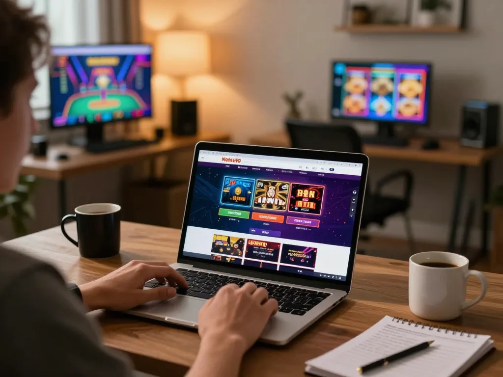 Nohu90 user engaging in online casino gameplay at home with stylish decor and gaming strategy notes
