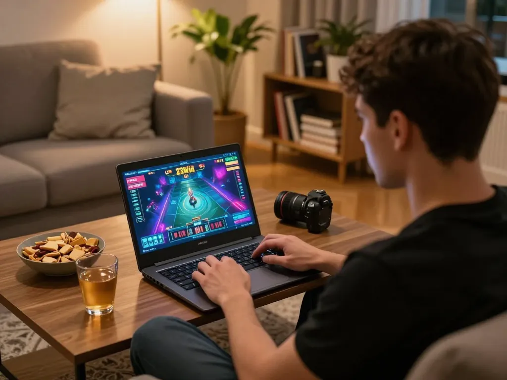 Engaged player at 23Win online casino using laptop in a cozy living room