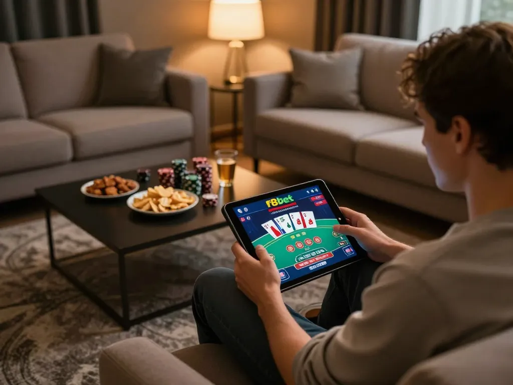 Engaging online gaming session on f8bet, player interacting with poker hands and tablet