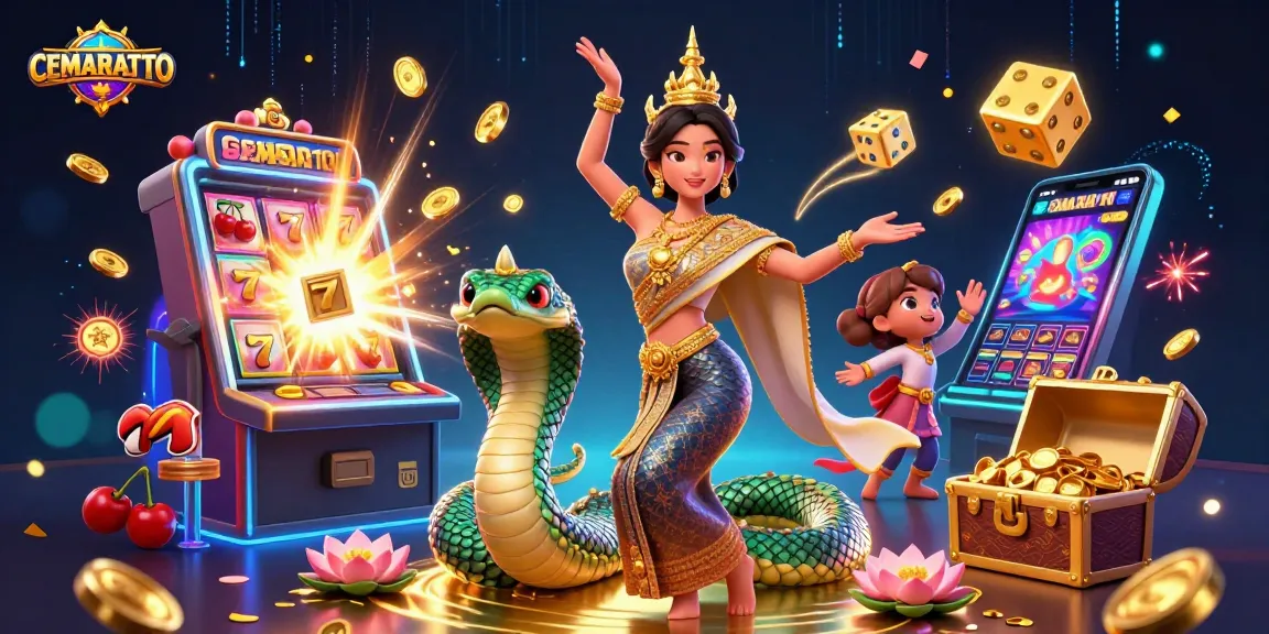 CEMARATOTO offers thrilling slot gaming experiences with a dazzling Asian-themed illustration.