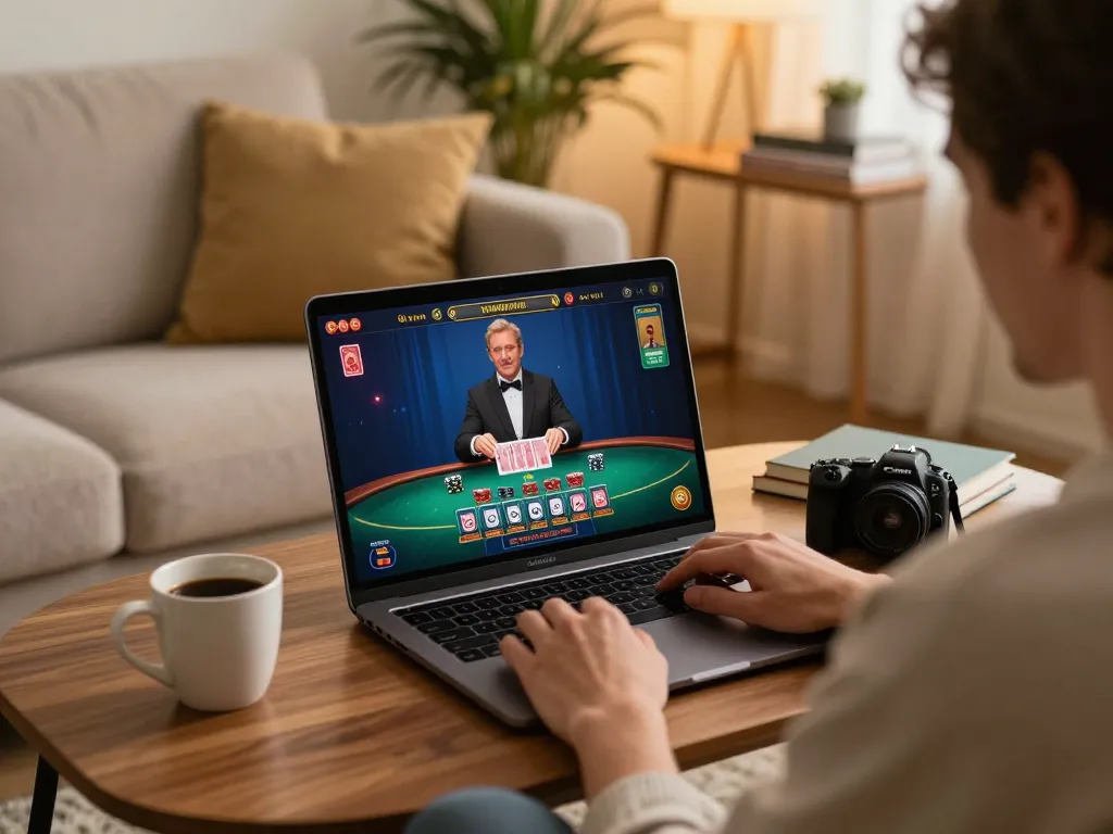 Player enjoying a live dealer game at home with 33winvn on the laptop screen, creating an engaging experience.