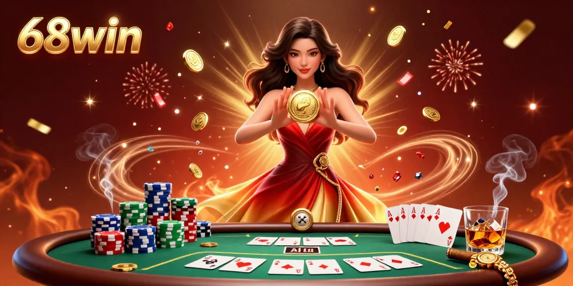 Experience thrilling poker action at 68win with a stunning display of gold coins and chips.