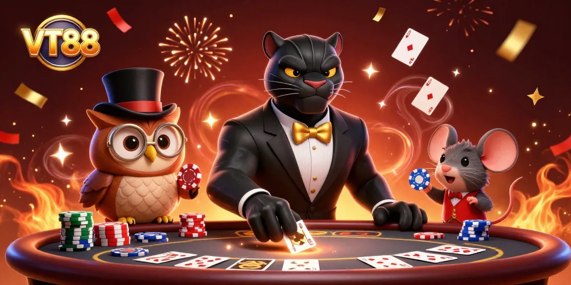 Engage in thrilling poker action with VT88 as the stylish panther deals cards amidst a vibrant casino scene.