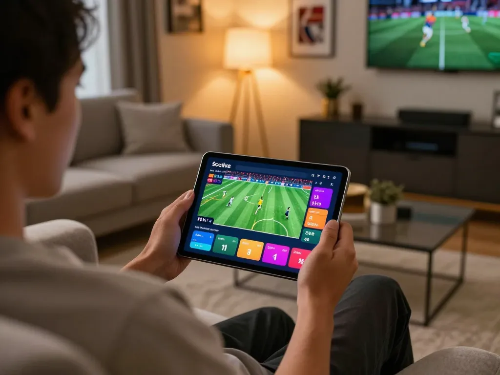 Socolive user engaging in live sports betting on tablet, showcasing a lively home entertainment setup.