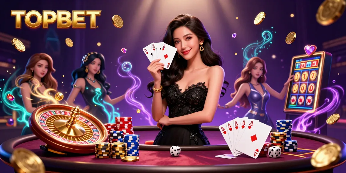 Play at TOPBET and win big with an elegant Asian woman holding ace cards in a dazzling casino.