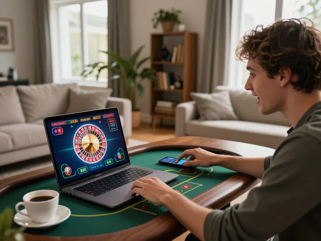 Engaged player using their laptop for DA88 live dealer gaming at home with strategic focus.