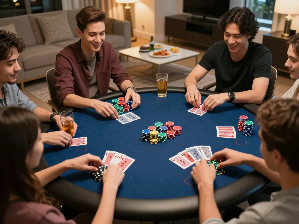 SX88 players enjoying a competitive home poker game with vibrant chips and cards.