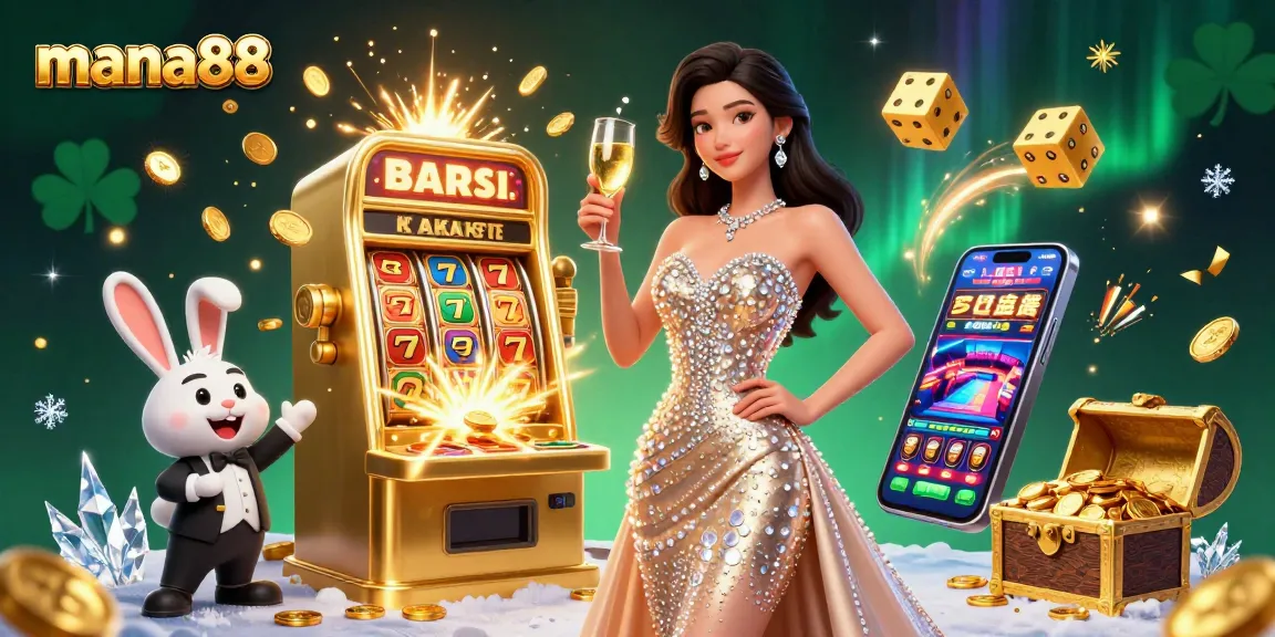 Experience the thrill of winning at mana88 with a glamorous scene of casinos, jackpots, and a dazzling character.